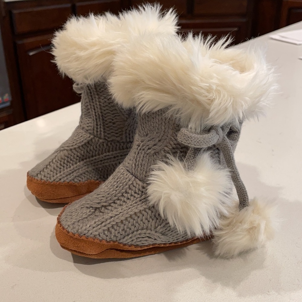 Restoration Hardware baby & child gray knit and white faux fur boots